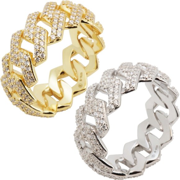 925 Sterling Silver 14k Gold Vermeil AAA Cubic Zirconia 9.5mm Cuban Link Ring